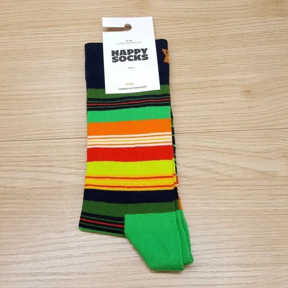 HAPPY SOCKS Crew Socks Black Green Stripe Combed Cotton Unisex M 8-12 W 10-12.5